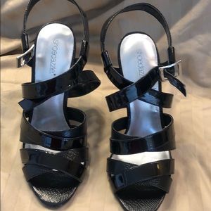 Women’s Black, strappy stiletto shoes